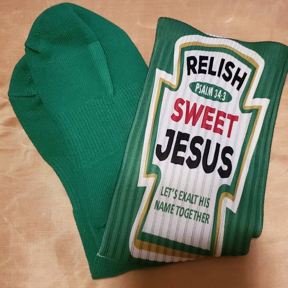 Unisex Relish Sweet Jesus Custom Hand Pressed Design Green Athletic Socks